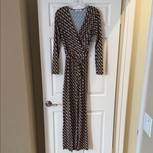 By Swan Black and Tan Patterned Long Sleeve Jumpsuit